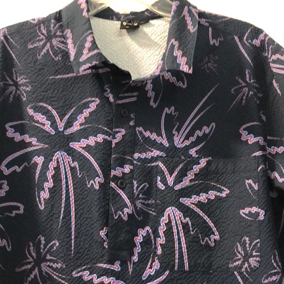 Oakley Hawiian shirt Men's XL Navy Purple Palm Tree Shirt seersucker polo EUC - Picture 2 of 13